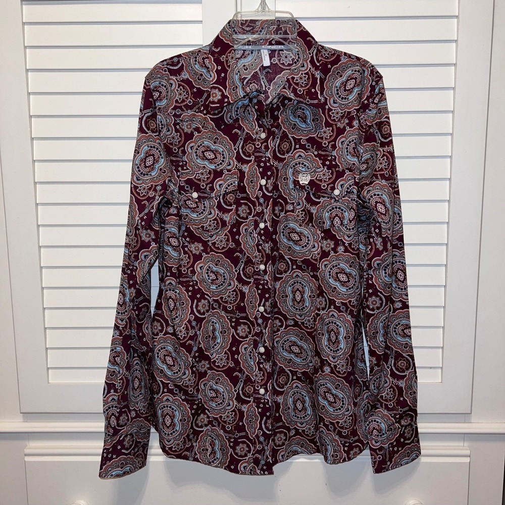 Western Cinch Women's M, Burgundy Paisley Button Down, Rodeo, Rein, Barrel Horse